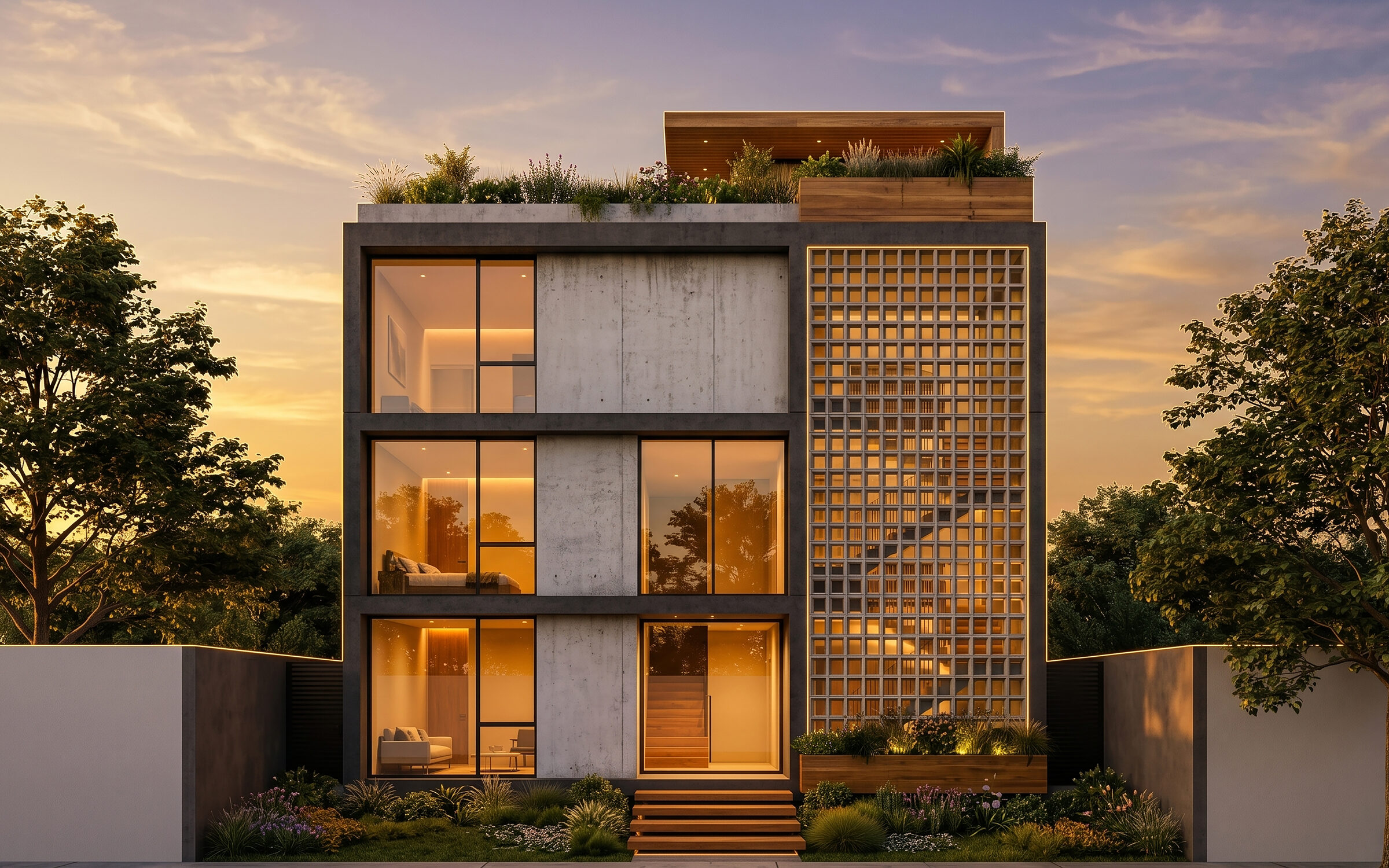 Vivienda contemporánea de Grupo Terra al atardecer