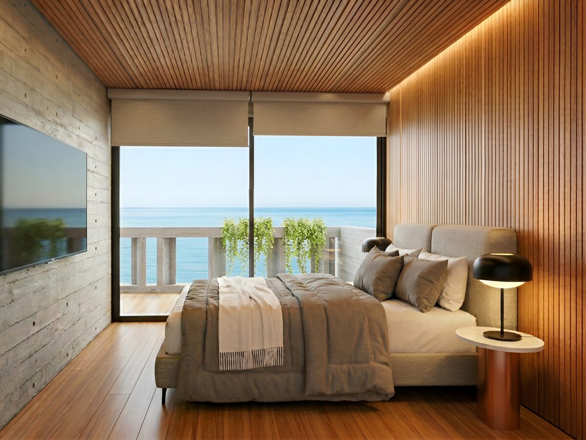 Dormitorio contemporáneo con acabados en madera