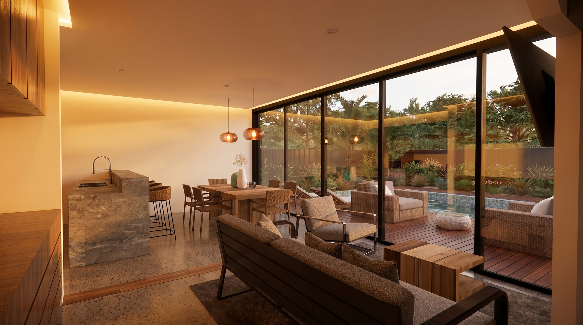 Interior contemporáneo iluminado al atardecer