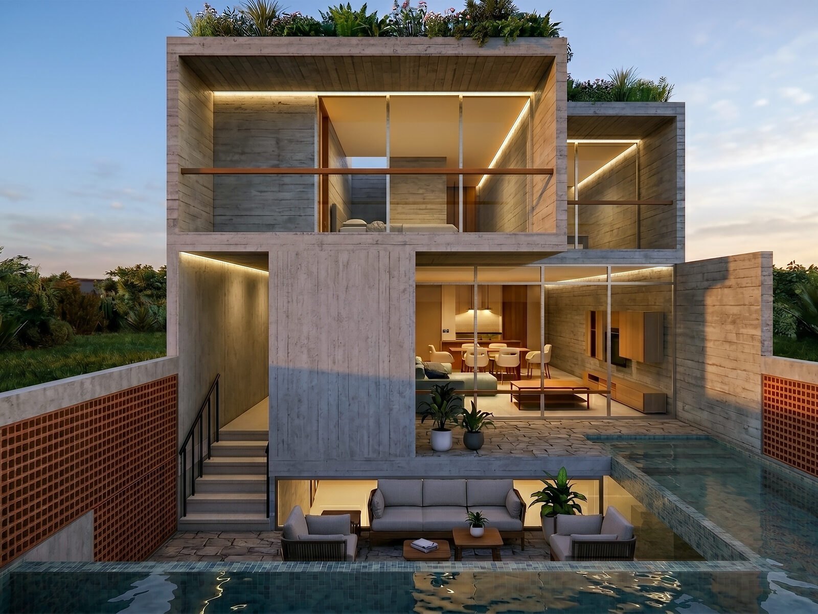 Vivienda contemporánea con piscina al atardecer