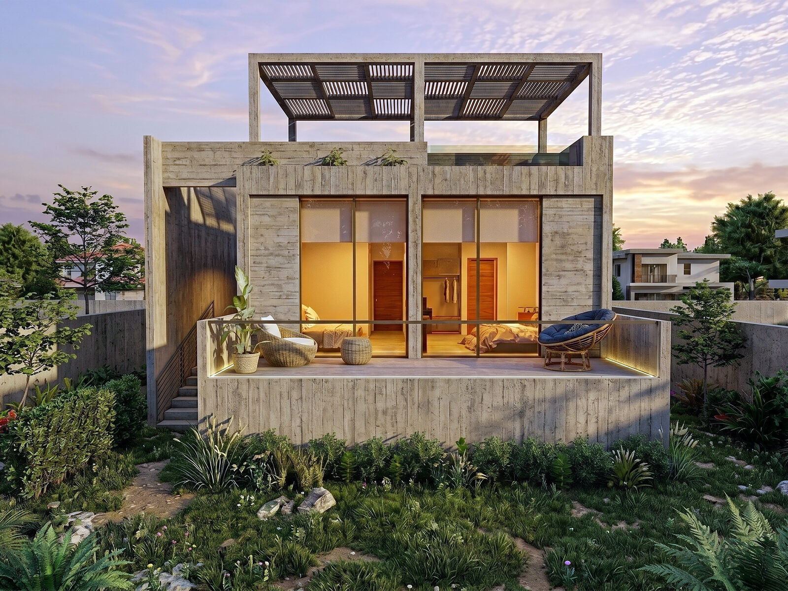 Vivienda con terrazas y pérgola al atardecer